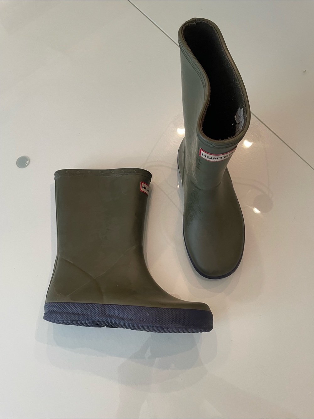 Hunter toddler Olive Green Rain Boots with Navy Soles
